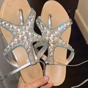 Miu Miu Silver and Crystal Embellished Sandals